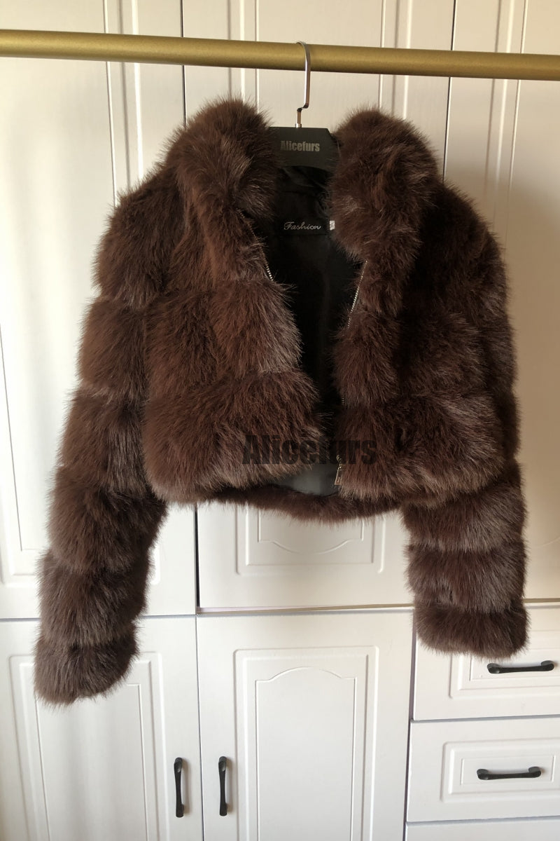 Fluffy Fur Jacket Cropped Zipper Outerwear with Hood for Women