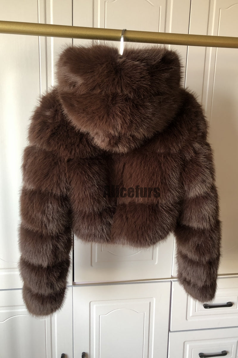 Fluffy Fur Jacket Cropped Zipper Outerwear with Hood for Women