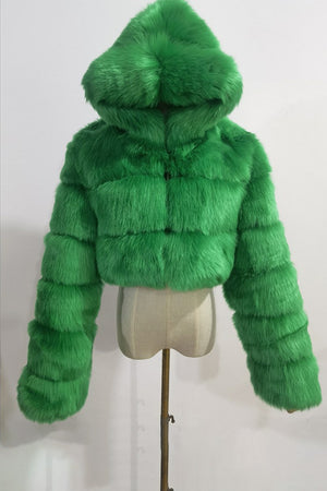 fluffy fur jacket cropped zipper outerwear with hood for women in green Alicefurs