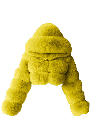 fluffy fur jacket cropped zipper outerwear with hood for women in lemon Alicefurs