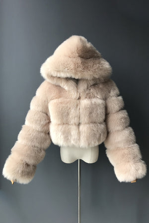 fluffy fur jacket cropped zipper outerwear with hood for women in tan Alicefurs