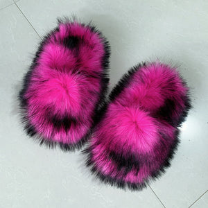fluffy fur slides open toe fuzzy sandals for women in hot pink Alicefurs