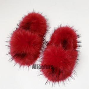 fluffy fur slides open toe fuzzy sandals for women in red Alicefurs