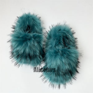 fluffy fur slides open toe fuzzy sandals for women in turquoise Alicefurs
