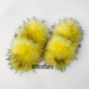 fluffy fur slides open toe fuzzy sandals for women in yellow Alicefurs