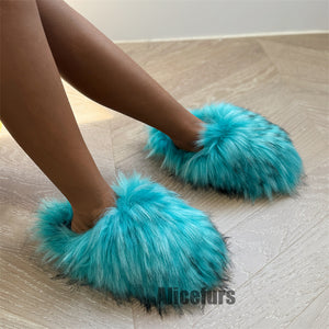fluffy fur slippers winter house slide shoes for women in aqua blue Alicefurs