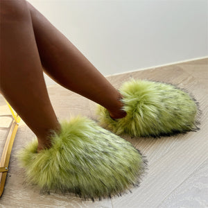 fluffy fur slippers winter house slide shoes for women in lime green Alicefurs