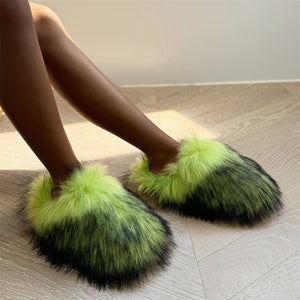 fluffy fur slippers winter house slide shoes for women in neon green Alicefurs