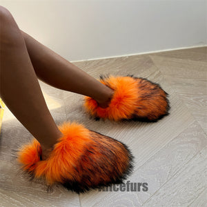 fluffy fur slippers winter house slide shoes for women in orange Alicefurs