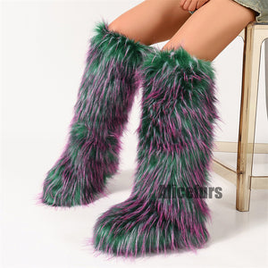 fluffy knee high fur boots for women in fuchsia green 4 Alicefurs