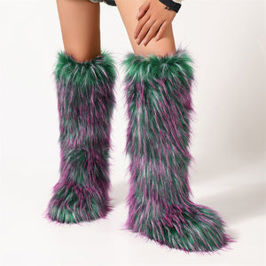 fluffy knee high fur boots for women in fuchsia green Alicefurs