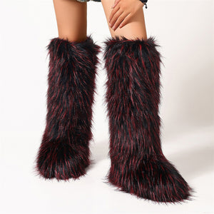 fluffy knee high fur boots for women in redish black 1 Alicefurs