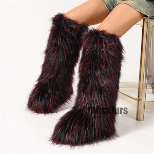 fluffy knee high fur boots for women in redish black 2 Alicefurs