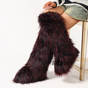 fluffy knee high fur boots for women in redish black 3 Alicefurs