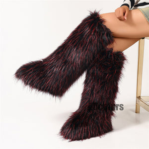 fluffy knee high fur boots for women in redish black 4 Alicefurs
