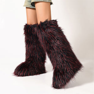 fluffy knee high fur boots for women in redish black Alicefurs