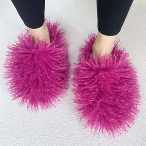 fluffy mongolian fur slippers for women in fuchsia 1 Alicefurs