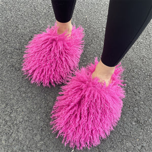 fluffy mongolian fur slippers for women in fuchsia Alicefurs