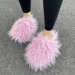 fluffy mongolian fur slippers for women in lilac Alicefurs