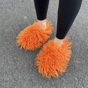 fluffy mongolian fur slippers for women in orange Alicefurs