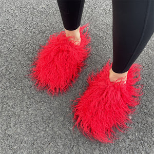 fluffy mongolian fur slippers for women in red Alicefurs