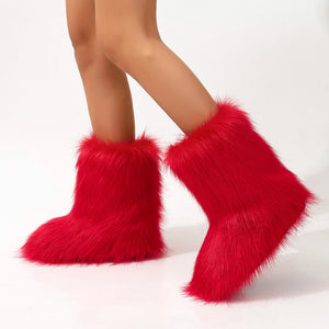 full fur boots womens winter hairy boots in red 1 Alicefurs