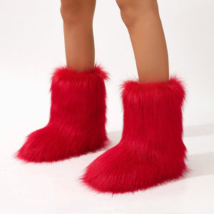 full fur boots womens winter hairy boots in red Alicefurs