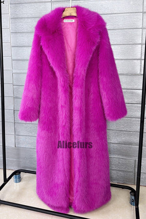 full length faux fur coat winter long fluffy outerwear for women in fuchsia Alicefurs
