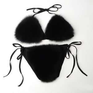 fur bikini set fuzzy bathing suit for women in black Alicefurs