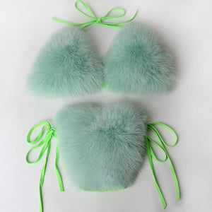 fur bikini set fuzzy bathing suit for women in mint green Alicefurs