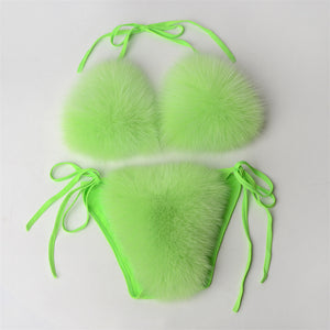 fur bikini set fuzzy bathing suit for women in neon green Alicefurs