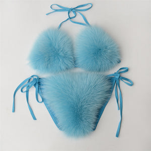 fur bikini set fuzzy bathing suit for women in ocean blue Alicefurs