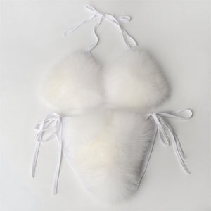 fur bikini set fuzzy bathing suit for women in white Alicefurs