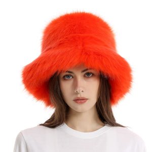 fur bucket hat womens winter fluffy hat in orange Alicefurs