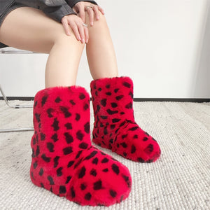 fur leopard boots womens warm holiday fuzzy boots in red Alicefurs
