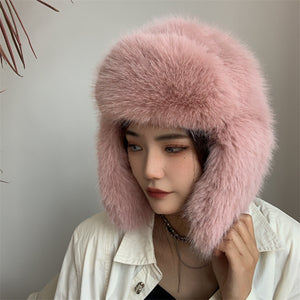 fur trapper hat with ear flaps for women in dusty pink 1 Alicefurs