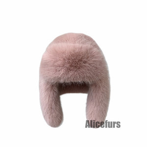 fur trapper hat with ear flaps for women in dusty pink 2 Alicefurs