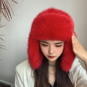 fur trapper hat with ear flaps for women in red Alicefurs