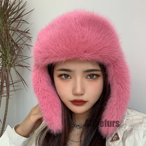 fur trapper hat with ear flaps for women in salmon pink 1 Alicefurs
