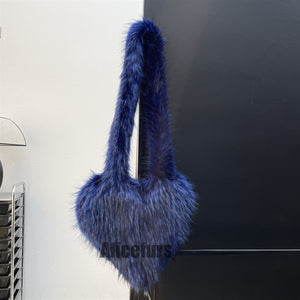 heart shaped fur bag fluffy crossbody purse for women in navy blue Alicefurs