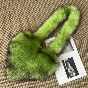 heart shaped fur bag fluffy crossbody purse for women in neon green 1 Alicefurs