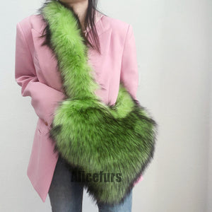 heart shaped fur bag fluffy crossbody purse for women in neon green Alicefurs
