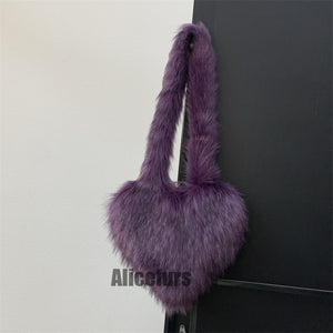 heart shaped fur bag fluffy crossbody purse for women in purple Alicefurs