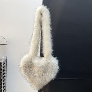 heart shaped fur bag fluffy crossbody purse for women in white Alicefurs
