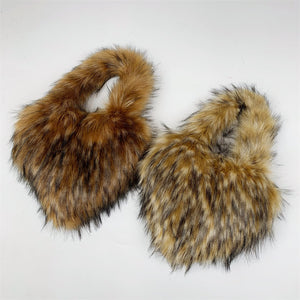 heart shaped fur bag small fluffy tote purse for women in brown 1 Alicefurs