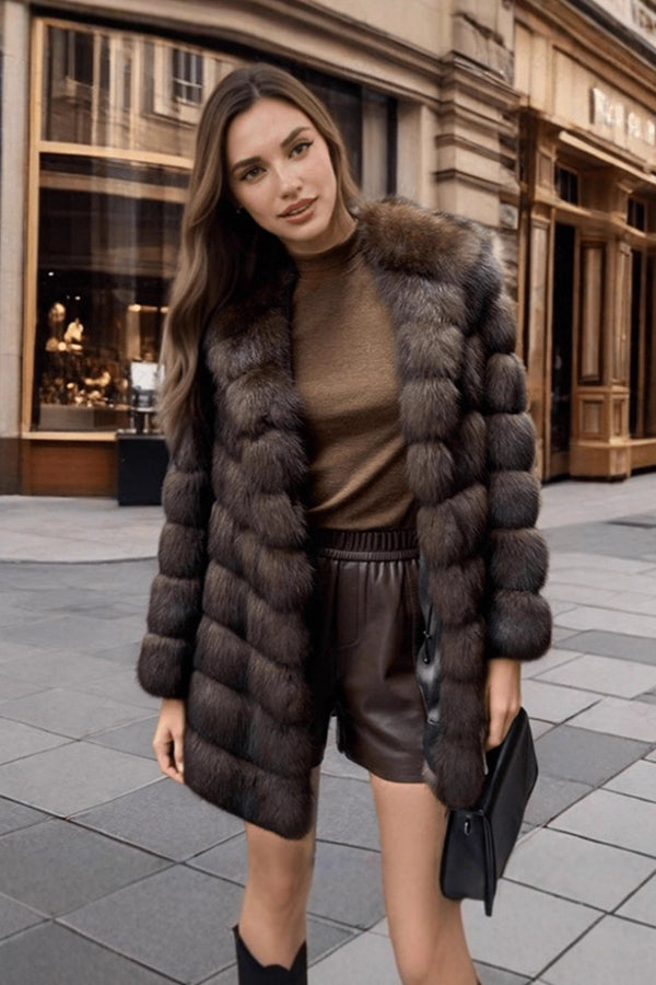 Hooded Faux Fur Coat Women's Luxury Sable Overcoat