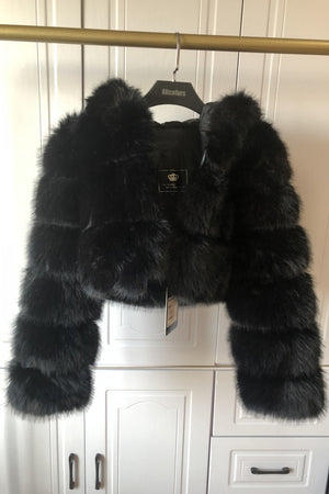 hooded faux fur jackets fluffy cropped outerwear for women in black 2 Alicefurs