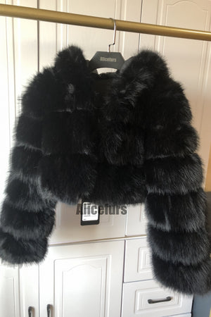 hooded faux fur jackets fluffy cropped outerwear for women in black 3 Alicefurs