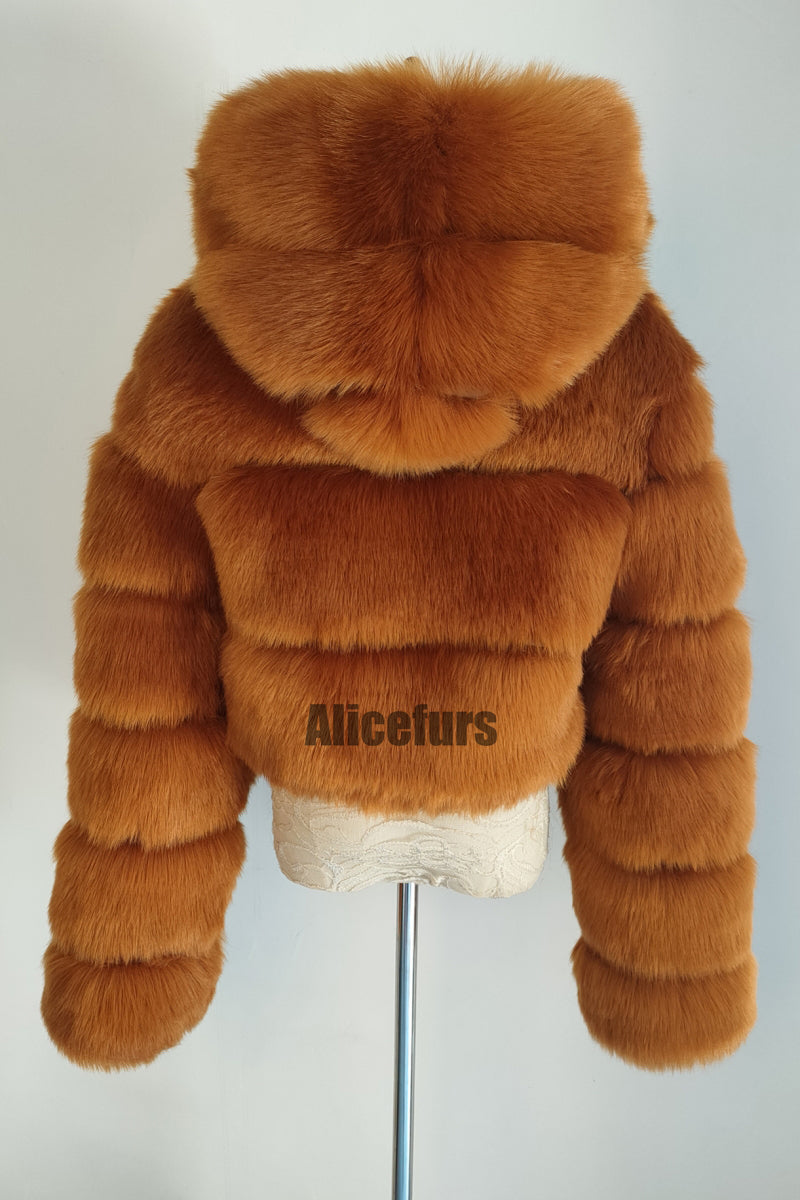 Hooded Faux Fur Jacket Fluffy Cropped Outerwear for Women