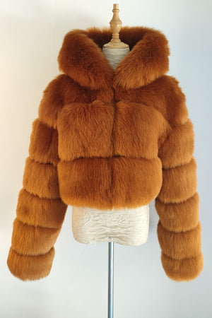 hooded faux fur jackets fluffy cropped outerwear for women in copper brown Alicefurs